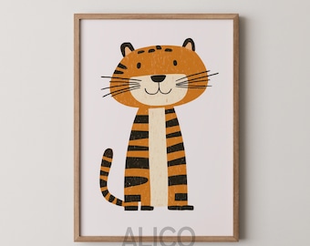 May include: A framed print of a cartoon tiger with orange and black stripes. The tiger is smiling and has a white background. The frame is light brown wood. The print has the text "ALICO ART STUDIO" at the bottom.