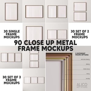 Può includere: 90 mockup di cornici metalliche in primo piano per visualizzare opere d'arte o foto. I mockup presentano una varietà di stili e colori di cornici, tra cui ottone anticato, ottone, oro rosa, oro e argento.