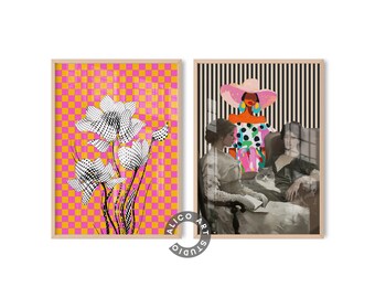 May include: Two framed art prints. One features a floral design with black and white dotted flowers against a pink and yellow checkered background. The other print shows a woman in a hat and a polka dot dress, with two women and a cat.