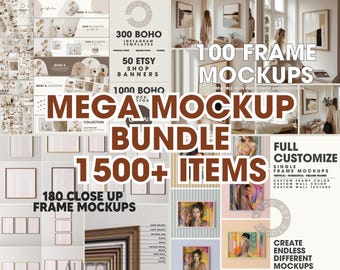 May include: A collection of digital mockups for Etsy shop owners and designers. The image features a variety of mockups, including Instagram templates, Etsy shop banners, and frame mockups. Text includes "MEGA MOCKUP BUNDLE 1500+ ITEMS" and "100 FRAME MOCKUPS".