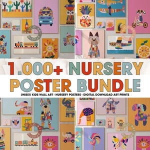 Mega juego de pósteres para guardería, paquete de arte de pared para habitación infantil unisex, estampados de animales divertidos, decoración de habitación de bebé, obras de arte retro para niños, estampados bohemios para niños