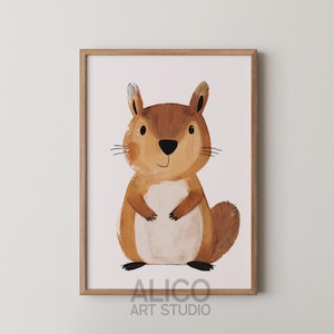 Stampa di scoiattolo dolce e piccolo, arte murale con animali boho, decorazione artistica per la cameretta dei bambini, poster di scoiattolo in colori pastello, decorazione per la cameretta dei bambini, arte murale accogliente, A3, A2