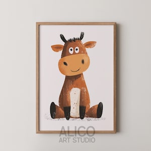 Estampado de vaca divertido, arte de pared para guardería con vaca, ilustración de garabatos, póster neutro para habitación de niños, estampado minimalista y sencillo para bebé, arte digital para niños pequeños A4, A3