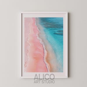 Luft Küsten Ozean Druck, Retro Strand Fotografie Druck, Rosa und Blau Vintage Wandkunst, Pastellfarbe Schlafzimmer Dekor, Drohne Foto Digitale Kunst