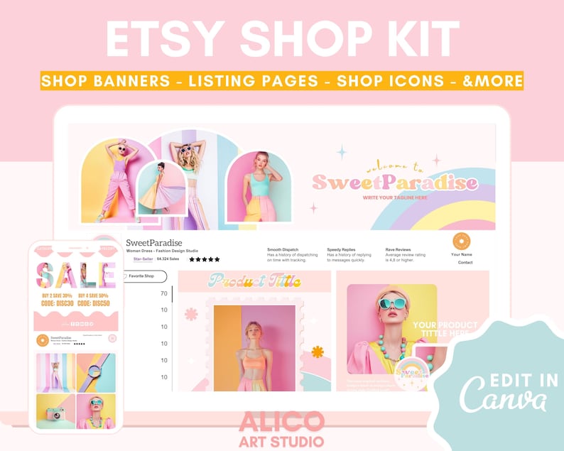 Retro Etsy Shop Kit: Pink Canva Templates, Banners, Listing Pages - Etsy