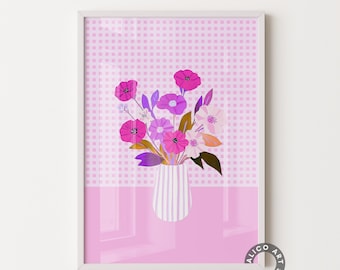 May include: A framed art print featuring a floral arrangement in a white vase with vertical stripes. The flowers are various shades of pink and purple. The background is a pink checkered pattern above a solid pink section.