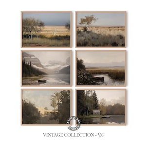 Vintage Oil Painting Wall Art Set – Canoe On Mountain Lake – Rustic Decor For Cottage Or Cabin – Timeless Printable Landscape Art