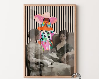 May include: A framed art print featuring a collage of three women. One woman is wearing a large pink hat and colorful dress. Two other women are in vintage clothing, one holding a cat. The background has black and white vertical stripes.