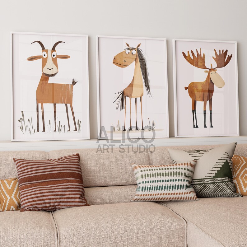 May include: Three framed illustrations of animals, a goat, a horse, and a moose, with a white background. The frames are white and the illustrations are in a cartoon style with brown and white colors.