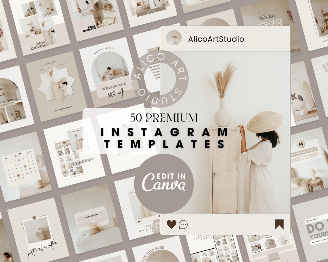 Boho Instagram Post Templates: Social Media Branding Kit (50 Canva ...