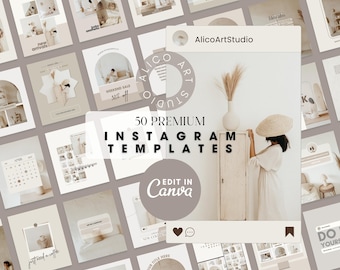 Boho Instagram Post Templates: Social Media Branding Kit (50 Canva Editable Posts)
