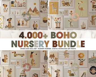 May include: A collage of 4,000+ boho nursery art prints. The prints feature illustrations of animals, plants, and geometric shapes in a variety of colors. The prints are perfect for adding a touch of whimsy and style to any nursery.
