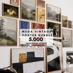 May include: A collection of framed vintage art prints in various sizes, including landscapes, still life, and abstract designs. The frames are light brown, and the artworks feature a variety of colors and styles. Text on the image reads "MEGA VINTAGE POSTER BUNDLE 5.000".