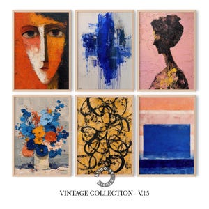 Puede incluir: Seis impresiones artísticas abstractas enmarcadas. La colección incluye un retrato, un abstracto azul, una silueta, un bodegón floral, un abstracto amarillo y un diseño geométrico. El texto "VINTAGE COLLECTION - V.15" está en la parte inferior.