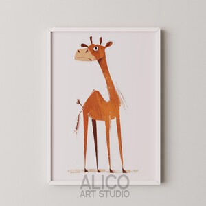 May include: A digital illustration of a brown camel with a long neck and large eyes. The camel is standing on a white background. The illustration is framed in a white frame with the text "ALICO ART STUDIO" at the bottom.