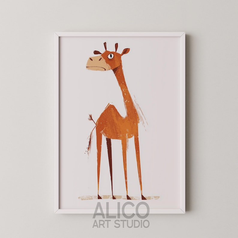 May include: A digital illustration of a brown camel with a long neck and large eyes. The camel is standing on a white background. The illustration is framed in a white frame with the text "ALICO ART STUDIO" at the bottom.