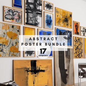 Puede incluir: Una colección de 17 impresiones artísticas abstractas enmarcadas en varios tamaños y estilos. Las obras de arte presentan una gama de colores, incluyendo amarillo, azul, negro y blanco, con trazos audaces y elementos gráficos. El texto "ABSTRACT POSTER BUNDLE" es visible.