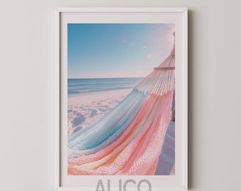 Op de afbeelding: Een kleurrijke hangmat hangt aan een wit zandstrand met een blauwe lucht en zee op de achtergrond.