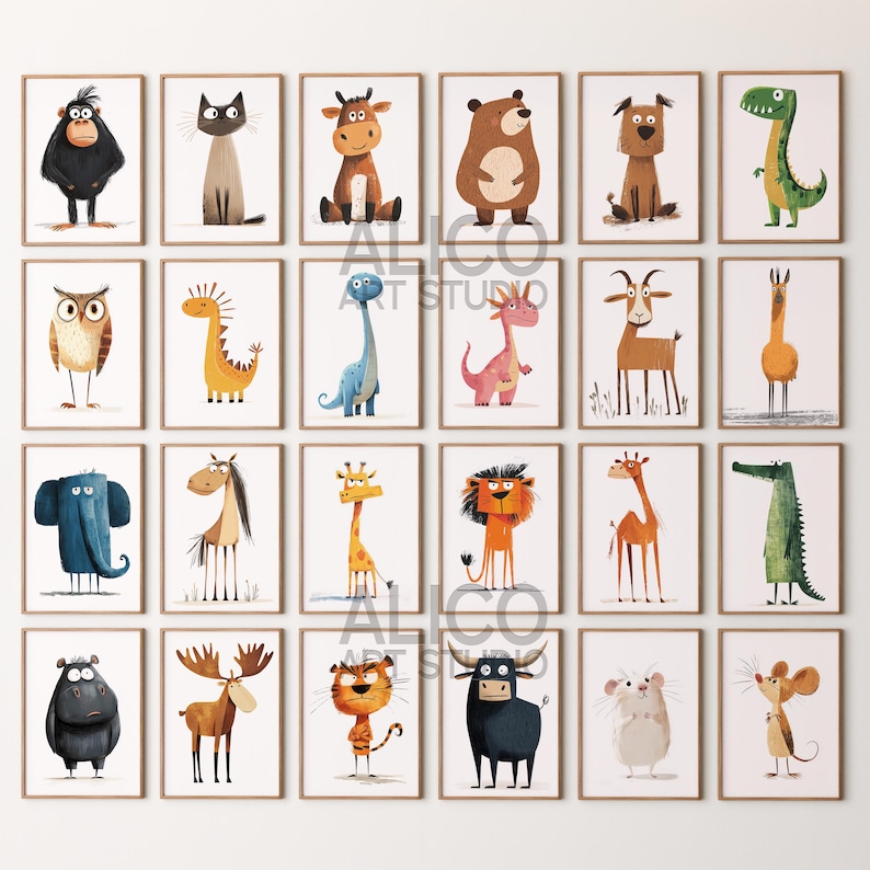 May include: A set of 20 framed illustrations featuring various animals, including a cat, bear, dog, dinosaur, owl, giraffe, elephant, tiger, moose, and more. Each illustration is painted in a whimsical style with bright colors and simple lines.