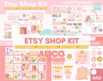 Retro Etsy Shop Kit: Pink Canva Templates, Banners, Listing Pages