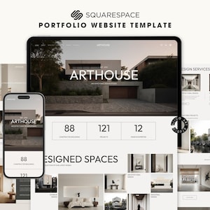 Könnte beinhalten: Eine Squarespace Portfolio-Website-Vorlage, die auf einem Tablet und Smartphone angezeigt wird. Die Website präsentiert architektonisches Design mit dem Namen "ARTHOUSE" prominent. Das Design umfasst Bilder von Gebäuden und Innenräumen.