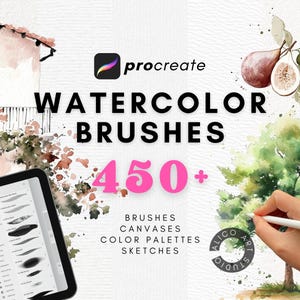 Procreate 水彩ブラシ、水彩画バンドル、メガ水彩ブラシセット、紙テクスチャ、カラーパレット、スケッチ、ウェットブラシ
