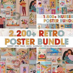 2200+ Retro Wand-Kunst-Set, Kinderzimmer-Wand-Kunst-Set, Kinderzimmer-Dekor, bunte trendige Kunstdrucke, Tier, Reise, Frau, Kinder, digitale Poster