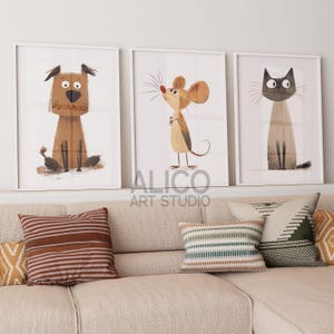 May include: Three framed illustrations of animals: a brown dog, a beige mouse, and a white cat. The illustrations are in a cartoon style and have a white background.