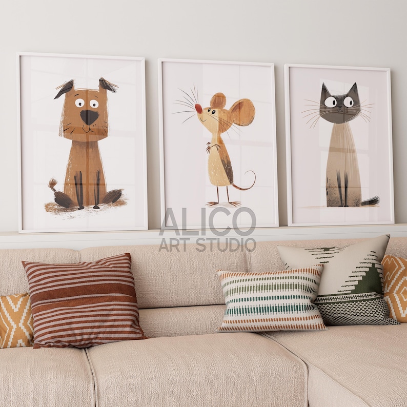 May include: Three framed illustrations of animals: a brown dog, a beige mouse, and a white cat. The illustrations are in a cartoon style and have a white background.