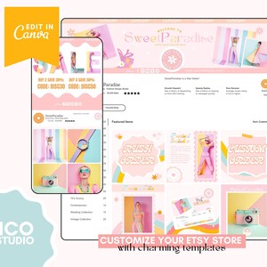 Retro Etsy Shop Kit: Pink Canva Templates, Banners, Listing Pages - Etsy