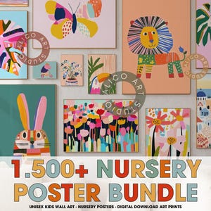 Paquete de más de 1500 carteles para guardería, juego de arte de pared para galería infantil, decoración de sala de juegos, descarga digital, impresiones unisex para habitación de bebé, impresiones divertidas para niños
