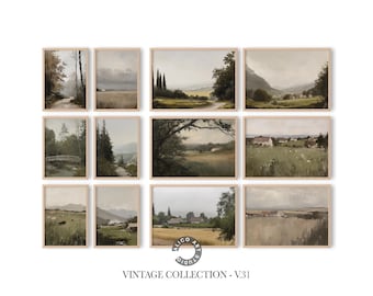 Vintage Farmhouse Landscape Print Set: Rustic Countryside Wall Art (Digital Download)