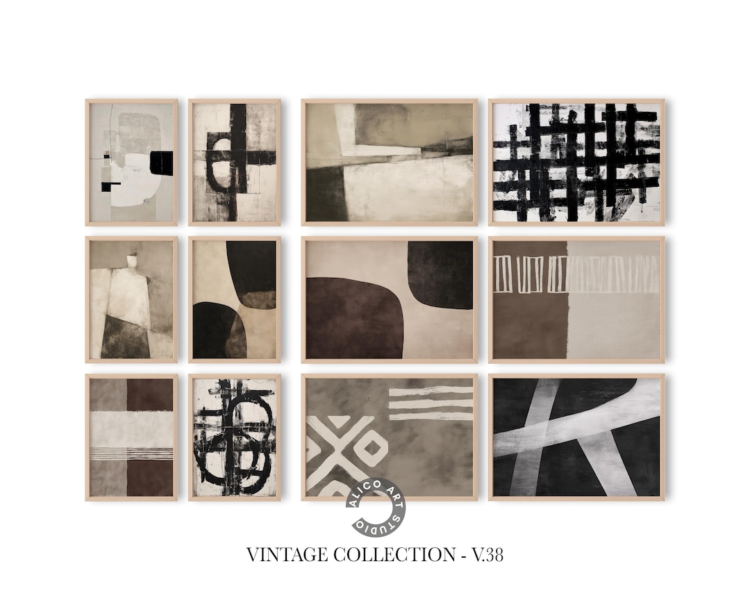 Vintage Abstract Art Print Set: Beige & Black Geometric Posters ...