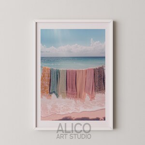 Impresión fotográfica de toallas con patrón bohemio, arte de pared retro vintage rosa, póster de océano de verano, obra de arte de playa, fotografía cruda colorida de moda, impresión A2