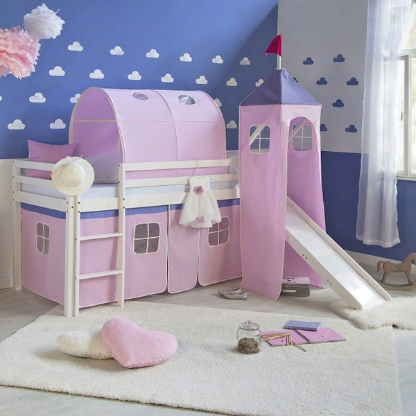 Lit cabane mezzanine toboggan Montessori superposé pour fille enfant rose château 90x200cm.