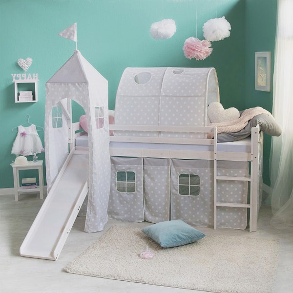 Lit cabane mezzanine toboggan Montessori superposé pour fille garçon enfant blanc château 90x200cm