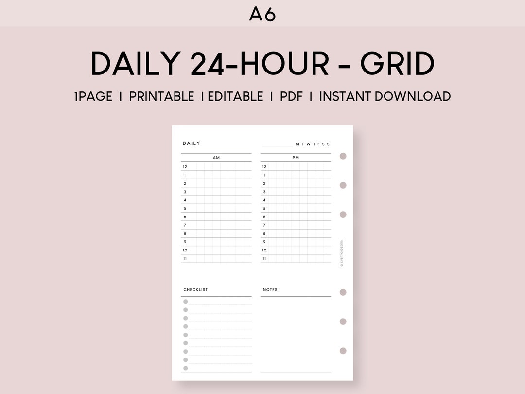 A6 Daily 24-hour Planner Insert: Printable Grid Schedule (PDF) - Etsy