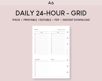 May include: A printable A6 daily planner with a 24-hour grid, checklist, and notes section. The planner is designed for use with a disc-bound system.