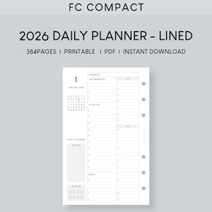 Planificador diario FC 2026 con inserto compacto: Horario minimalista con líneas (PDF imprimible)