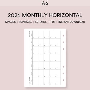 Puede incluir: Una página de planificador mensual horizontal 2026 blanca con una cuadrícula de calendario. La página incluye el mes de enero y los días de la semana. El texto "2026 MONTHLY HORIZONTAL" está en la parte superior. La página es de tamaño A6.