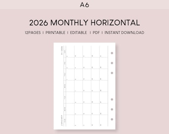 2026 A6 Monthly Planner Inserts: Horizontal Calendar (Printable & Editable PDF)