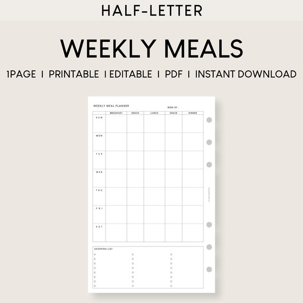 Half Letter Weekly Meal Planner Grid | Printable Minimalist Inserts | Editable Menu Plan Template | Food Shopping List | WorkSheet For Mom