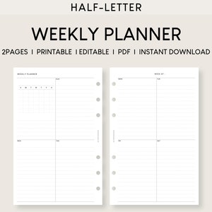 May include: Printable weekly planner in half-letter size. The planner has a daily column for each day of the week, a weekly overview, and a notes section. The planner is designed for use with a disc-bound planner system.