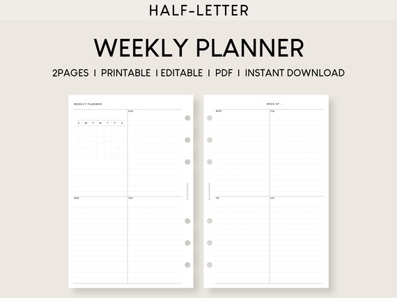 Weekly Planner Printable With Calendar Half Letter Inserts - Etsy