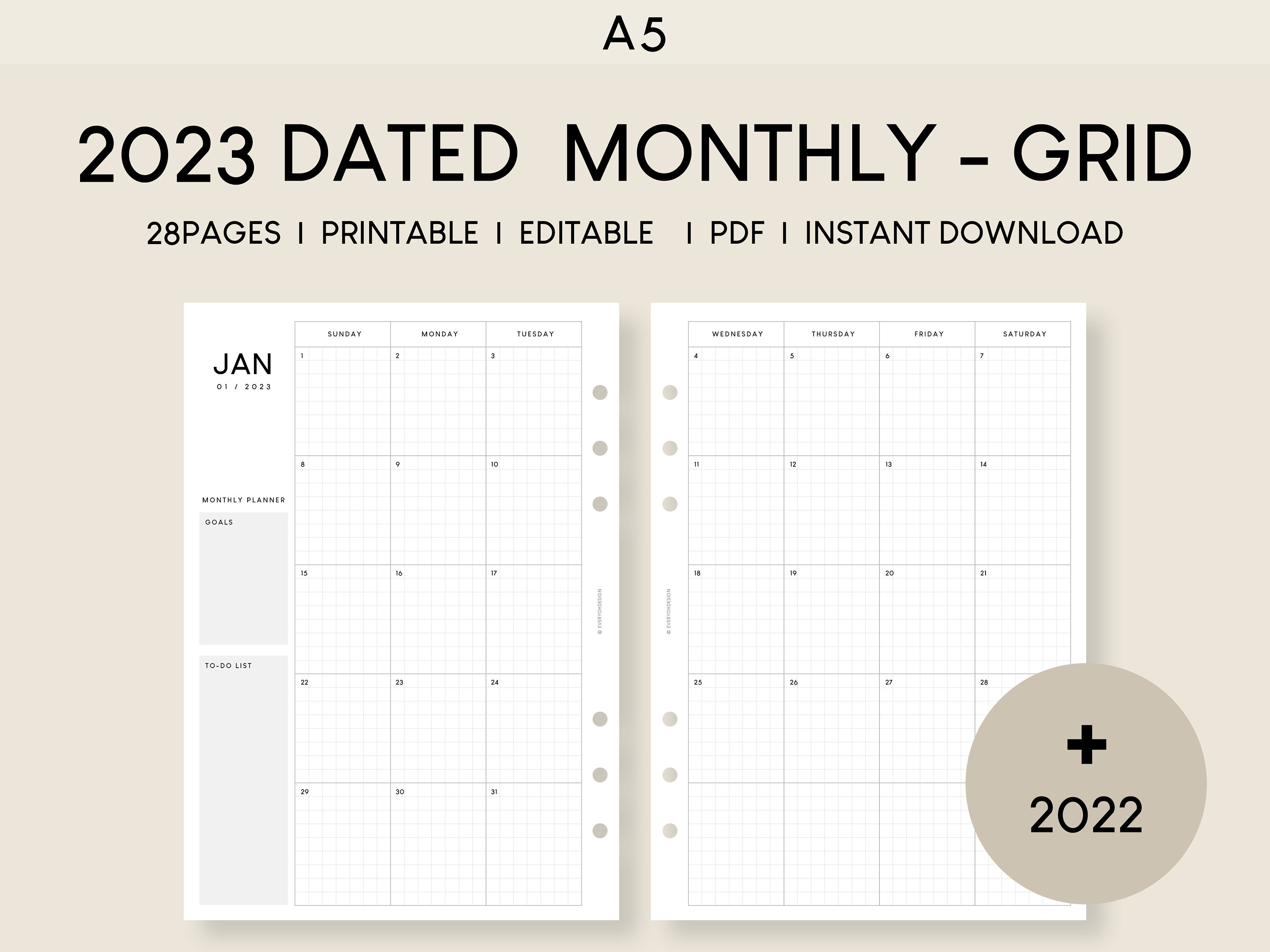 A5 2023 Calendar Monthly Printable Insert Editable Planner - Etsy Denmark
