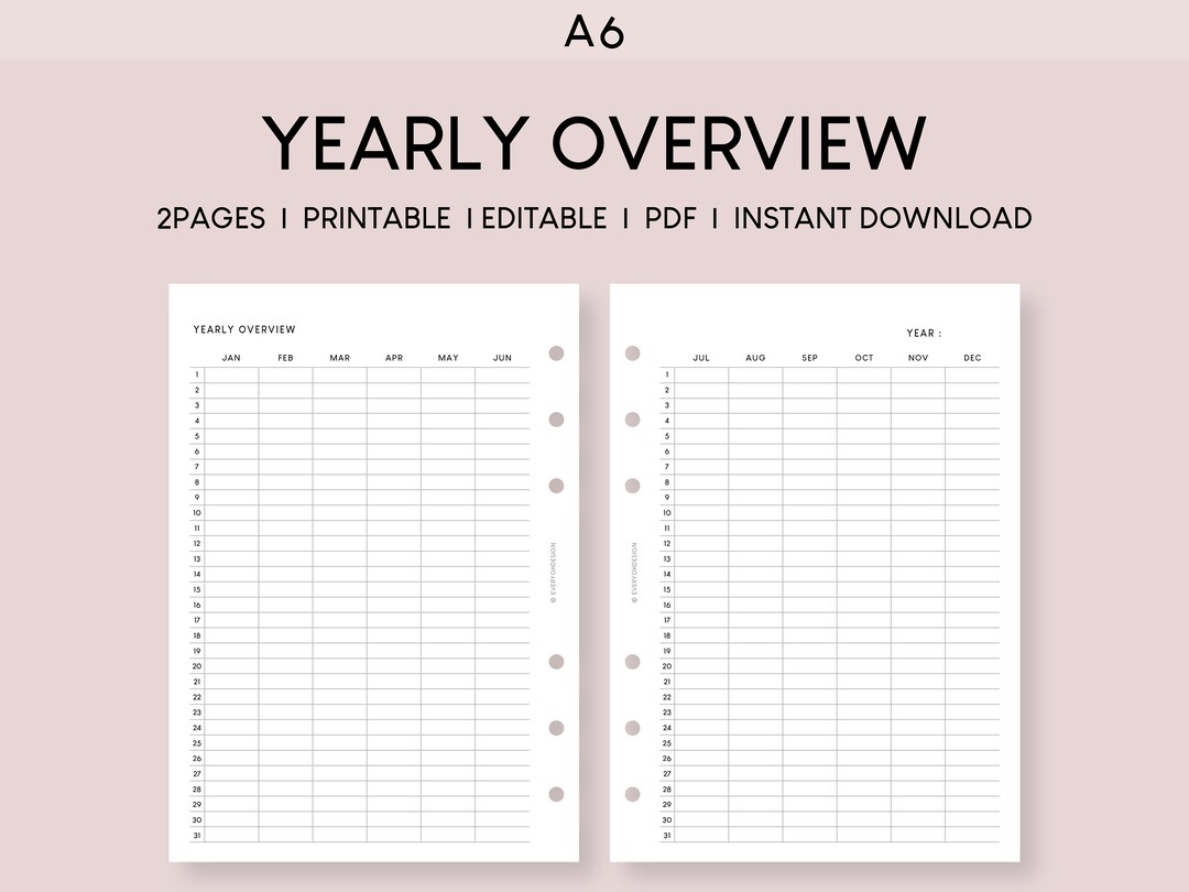 A6 Yearly Overview Planner Insert: Printable Editable Tracker (PDF) - Etsy