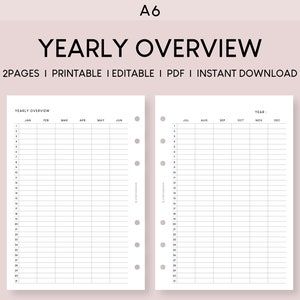 May include: A printable A6 yearly overview planner with two pages. The first page has a grid for January through June, and the second page has a grid for July through December.