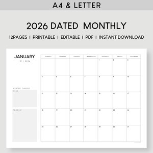 2026 Monthly Calendar Printable Planner : A4 & Letter (Included Editable PDF)