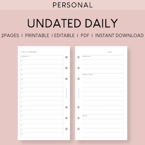 May include: A printable daily planner with two pages. The left page has a schedule section with time slots from 6 am to 10 pm. The right page has sections for priorities, today's tasks, and notes.