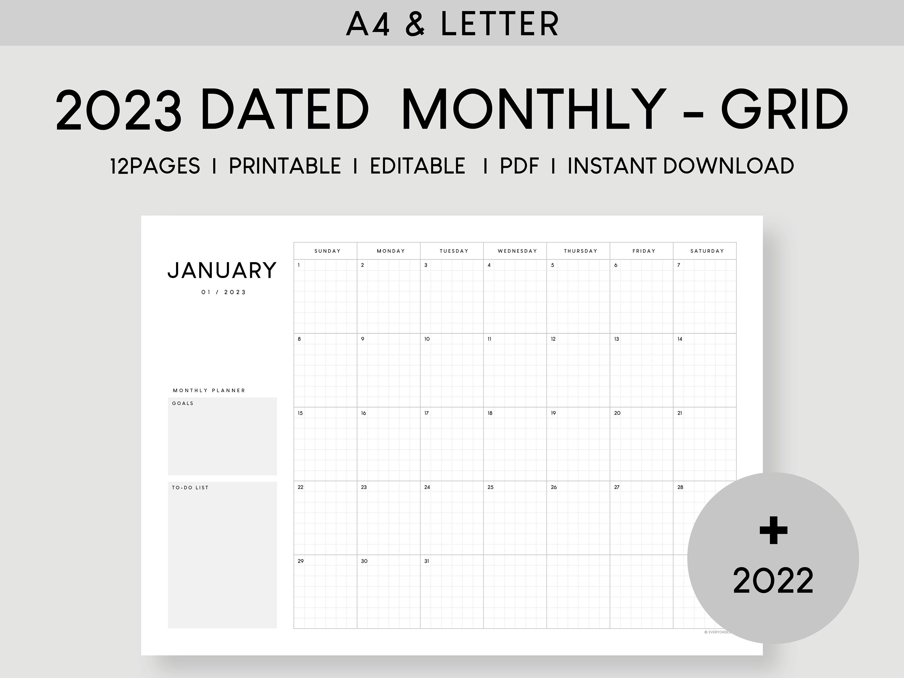 A4 & Letter 2023 Calendar Monthly Printable Planner Schedule